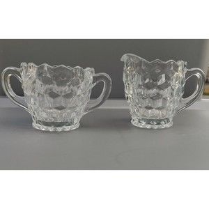 Cream and Sugar Set Pressed Depression Glass American Fostoria Diamond Vintage